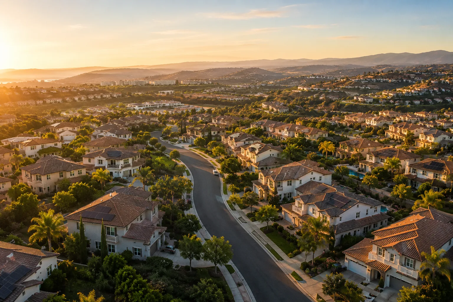 Aerial view of San Diego neighborhood at sunset — homeowners insurance costs rising in 2026